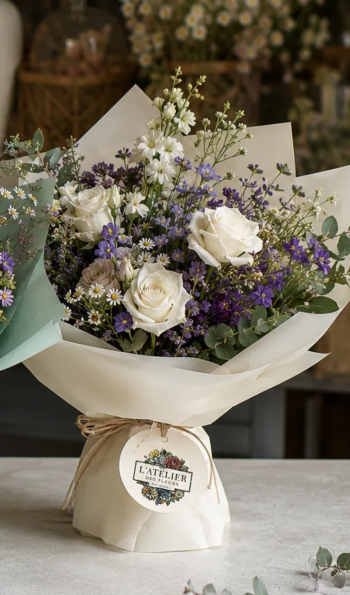 Composition florale blanche et violette