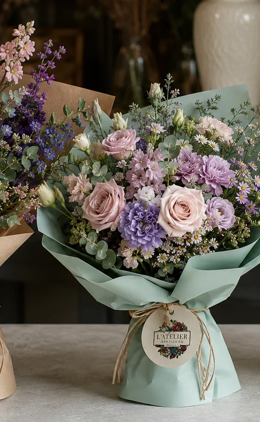 Bouquet tendre de roses poudrées et fleurs mauves