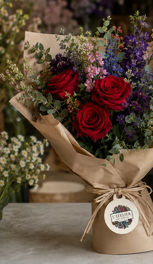 Bouquet de roses rouges, fleurs mauves et feuillage