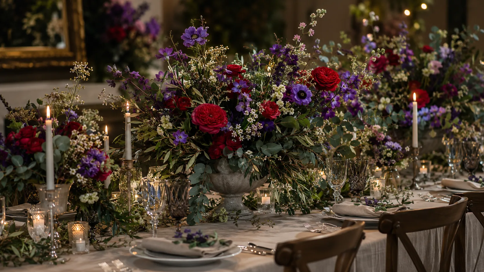Longue table de réception décorée de compositions florales et de bougies