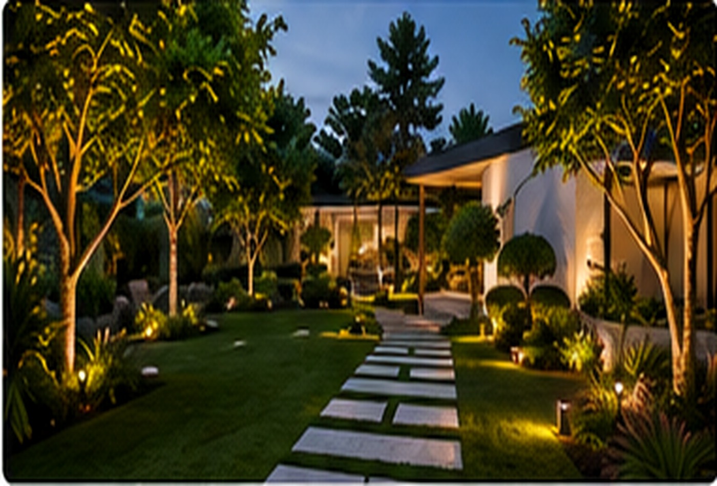 Jardin résidentiel contemporain éclairé
